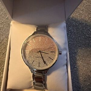 Nine West Women's Silver Bracelet Watch with Rose Gold Glitter Dial